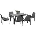 Outsunny 7 Pieces Garden Dining Set with Glass Top Dining Table, Outdoor Patio Table and 6 Armchairs with Texteline Fabric Seats and Backrest, Wood-plastic Composite Armrests Top, Grey