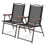 Tangkula Set of 2 Patio Folding Dining Chairs, Outdoor Sling Lawn Chairs with Armrests, Steel Frame, Portable Camping Lounge Chairs for Backyard, Deck, Poolside and Garden, No Assembly (Black)