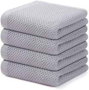 Kitinjoy 100% Cotton Waffle Weave Kitchen Dish Towels, 4-Pack Super Soft and Absorbent Kitchen Towels, 13 in x 28 in, Light Grey