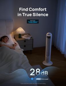 Dreo Silent Tower Fan, 28dB, 90° Oscillating, 4 Speeds, 8H Timer – White