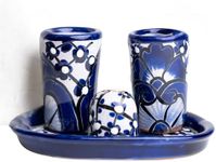 MEXTEQUIL - Authentic Mexican Talavera Tequila Shot Glasse with Tray and Salt Shaker - 2 Shots, 4pieces - Giffable - Artisanal colorful hand-painted (Blue)