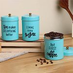 anantam homes Airtight Stainless Steel Quoted Canister Set With Lid For Kitchen Counter Top Sugar Coffee Tea Organizer (Set Of 3, Aqua), Blue