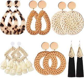 Hicarer 6 Pair Rattan Earrings Straw Earrings for Women Tassel Woven Bohemian Earring Wicker Braid Hoop Drop Beach Earrings for Girls, thread, acrylic resin