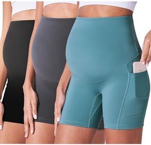 POSHDIVAH 3 Pack Black Grey Blue Maternity Biker Shorts Over The Belly Summer Comfy Pregnancy Yoga Active Workout Athletic Short Pants 5" Small