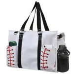 NGIL Zip-Top Tote Bag with Exterior Pockets for Working Women, Teachers, Nurses, and Moms, Design in USA, Baseball-white, Large, Tote