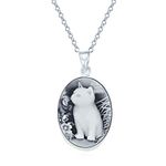 Vintage Antique Style Simulated Black Onyx Sitting Kitten Kitty Cat Cameo Pendant Necklace For Women Teen .925 Sterling Silver