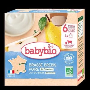 Babybio - Lait de brebis français - Gourdes Brassé Poire de Provence 4x85 g - 6+ Mois - BIO