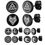 FaithHeart 6 Pairs Punk Style Viking Earrings Men Studs Stainless Steel Norse Earring Black Stud Cool Earrings for Boys