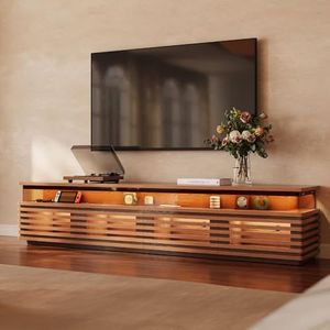 POVISON 94.49'' Fully Assembled TV Stand with Adjustable LED Lights, Walnut