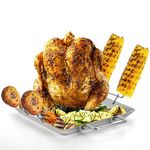 Bekith Beer Can Chicken Holder Roasting Pan with Vegetable Spikes, Stainless Steel Barbecue Rack Chicken Stand for Grill, Oven or Smoker, Dishwasher Safe