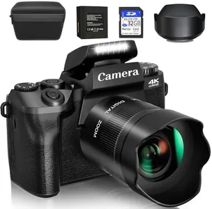 Saneen Digital Camera, 4k Cameras for Photography & Video, 64MP WiFi Touch Screen Vlogging Camera for YouTube with Flash, 32GB SD Card, Lens Hood, 3000mAH Battery, Front and Rear Cameras - Black