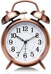 FARENI Retro Twin Bell Table Clock, Metal Frame Alarm Clock with Night Backlight Function & Silent Motion, Bedside Luminous Alarm for Students Bedroom/Office (Copper)