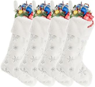 SOUJOY 4 Pack Christmas Stockings, 22 Inch Large Faux Fur Xmas Stocking, Festive Gift Decor with Silver Sequin Snowflakes for Treats and Goodies, Family, Rustic Holiday Indoor Decorations