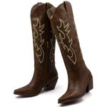 MISSMILLER Women's Embroidered Wide Calf Weatern Cowgril High Knee Boots Pull On Pointed Toe Cowboy Tall Boots for Ladies, Brown, 9.5