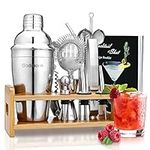 Godmorn 15Pcs Cocktail Making Set, Cocktail Shaker Set with Display Stand, Recipe, Jigger, Strainer, Bar Mixer Spoon, Bottle Opener, 550ML Stainless Steel Bar Tool Set Bartender Kit for Home & Bar