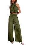 PRETTYGARDEN Women's 2 Piece Outfits 2024 Summer Casual Sleeveless Mock Neck Crop Tops Wide Leg Pants Set, Army Green, Large