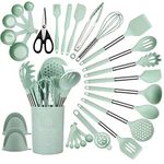 QMVESS Silicone Kitchen Utensil Set, 28 Pcs Non-Stick Cooking Utensils Set with Holder, Tongs, Spatula, Whisk, Measuring Cups and Spoons Set with Stainless Steel Handle Kitchen Gadgets (Light Green)