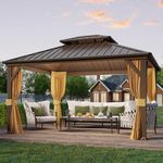 EROMMY 3x3.6M Hardtop Gazebo, Metal Double Roof Aluminum Gazebos with Curtain and Netting,Brown Permanent Galvanized Steel Pavilion for Patio, Lawn & Deck