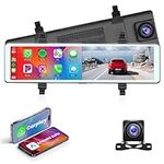 Rimoody Mirror Dash Cam with Wireless Carplay Android Auto, 11.26" Touch Screen Rear View Mirror Backup Camera 1080P Front and Rear View Cameras Voice Control Loop Recording FM Transmitter Parking