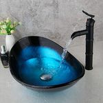 chicstyleme Vessel Sinks Countertop - L21.45 x W13.65 inches Boat Ingots Bathroom Vessel Sink with Black Bamboo Taps Tempered Glass Basin Vanity Sink Art Basin Black Blue