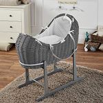 For Your Little One Pod Grey Wicker Moses Basket With Rocking Stand & Mattress - White Dimple