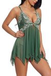 ONGASOFT Women Sexy Lingerie Sets Front Open Closure V Neck Lace Babydoll Sleepwear Dress With G-String, Emerald