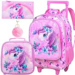 Rolling Backpack for Girls, Kids Roller Wheels School Bookbag with Lunch Bag, Wheeled School Bag for Children - Unicorn