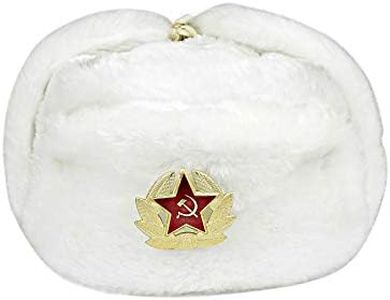Heka Naturals Slavic Style Winter Hat | Faux Fur Ushanka with Ear Flaps & Decorative Military Pin - Vintage Fashion, White, 58