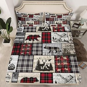 Rustic Cabin Fitted Sheet Queen Woodland Wolf Deer Bear Bedding Set for Kids Adults,Red Black Buffalo Plaid Bed Sheets Wildlife Camping Lodge Mountain Fitted Bed Sheet Southwestern Farmhouse Decor