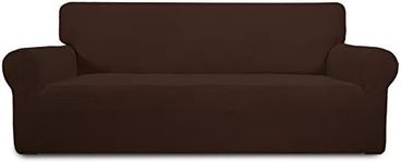 PureFit Stretch Oversized Sofa Slipcover – Spandex Jacquard Non Slip Soft Couch Sofa Cover, Washable Furniture Protector with Non Skid Foam and Elastic Bottom for Kids (Oversized Sofa, Coffee)