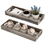 MyGift 16 x 6 Inch Rustic Torched Wood Decorative Rectangular Serving Display Trays with Cutout Handles for Ottoman, Coffee Table and Home, Set of 2