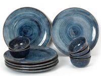 Bodhi House Handcrafted Stoneware Reactive Glaze Ceramic Dinner Set, 12 Pieces Serving for 6, Microwave and Dishwasher Safe, Bone-ash Free, Crockery Set for Dining and Gifting, Reactive Blue