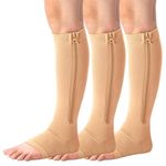 360 RELIEF 3 Pairs Zipper Open Toe Medical Compression Socks Support | Edema, Pregnancy, Swollen Legs, Travel, Flight, Work, Nurse, Varicose Veins | S/M, Beige with Mesh Laundry Bag |