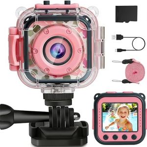 PROGRACE Kids Waterproof Camera - Birthday for 3-12 Year Old Girls 1080P HD Underwater Video Camera for Kids Pool Toys Toddler Digital Cameras with 32GB SD Card Pink