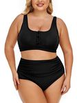 Summer Mae Plus Size Women Ribbed Two Piece Bikini High Waist Swimsuit Scoop Crop Top Bathing Suit Swimwear Black 18 Plus