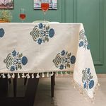 Urban Space 100% Cotton Dining Table Cover 6 Seater, Printed Cotton Table Cloth for Center Table with Boho Tassels, 48" X 92" - (6 Seater, Liberty Blue)