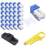 VCE 50 Pack Cat6 RJ45 Keystone Jack Insert UL-Listed, 90 Degree Ethernet UTP Cat 6, Cat5, Cat5e Keystone Punch-Down Stand and Mini Stripper Cutter Blue