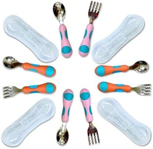 Toddler Silverware, Kids Utensils, Stainless Steel Forks Spoons Set with Travel Case for 1 2 3 4 year old. Metal Cutlery for Children, Girls Boys Baby, Round Handle 8 Pieces (4 sets) Pink Blue, Orange