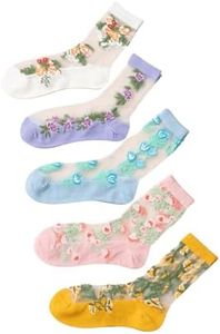 GORGLITTER Women's 4 Pairs Sheer Mesh Flower Patterned Thin Casual Crew Socks Transparent Cute Summer Socks Multi Retro Floral 36-39