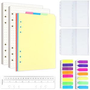 Juego de Notebook A5 Recargable, Papel de Punto 160 Hojas/320 Páginas para Agenda Filofax Bullet,5 Divisores de Color A5 de Tema,4 Bolsillos Carpetas y 1 Regla de Escala