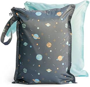 Tiny Twinkle Mess-proof Waterproof Wet Dry Bag | 2 Pack Reusable for Swimsuits, Gym & Baby Clothes | Leakproof Wet Clothes Bag, Beach Travel Essentials (Space, Ice Blue)