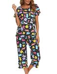 ENJOYNIGHT Womens Pyjamas Short Sleeve Top and Capri Pants Pjs Set Cotton Loungewear (X-Large,Colors Cat)