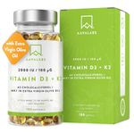 Vitamin D3 K2 with Virgin Olive Oil 2,000 IU Vitamin D with K2 Vitamin 100 μg - 180 High Strength Vitamin K2 MK7 and Vitamin D Softgels - GMO, Gluten and Lactose Free D3 and K2 Vitamin