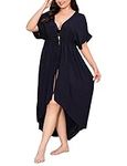 IN'VOLAND Women's Plus Size Swimsuit Cover Up Short Sleeve Bathing Suit Cover Up Dress Long Cardigan Beachwear