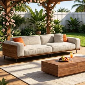 NessCarsti 111.81 inch 4 Seater Outdoor Upholstered Patio Sofa Couch,Linen Fabric Furniture with Wood Frame and Metal Legs Modern Easy Assembly 4 Person Bench for Backyard Deck Garden,Gray