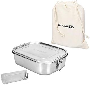 Navaris Stainless Steel Lunch Box - 47 oz (1400ml) Food Container with Divider, Silicone Seal Lid and Carry Bag - For Adults, Bento, Storage