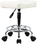 KKTONER Square Rolling Stool PU Leather Height Adjustable Swivel Massage SPA Salon Stools Task Chair with Footrest (White)