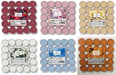 Aladino 150 Tea Lights Candles Scented Tealights- 25 x 6 Scents Mixed Pack - Cotton Flowers, Mixed Berries, Citrus, Rose, Lavender & Cinnamon