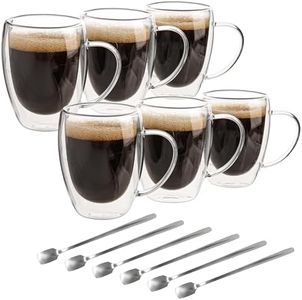 Belle Vous (Lot de 6) Tasse a Cafe Double Paroi - Verre Double Paroi 350ml avec Poignées - Tasse Double Paroi en Verre Borosilicate Thermorésistante pour Thé, Café, Cappuccino & Lattes