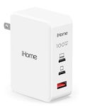 iHome 100W GaN Charger: Three Port Universal Laptop Charger with (2) USB-C Power Delivery Ports and (1) USB-A Port, Compact & Portable Wall Charger